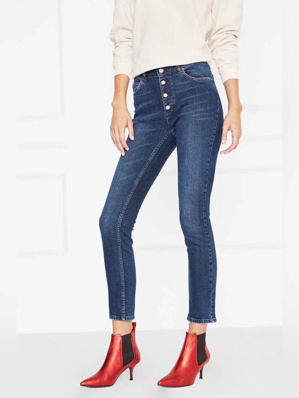 Anine Bing Frida Jeans Mid-Rise Skinny Ankle Exposed Button-Fly Denim Blue